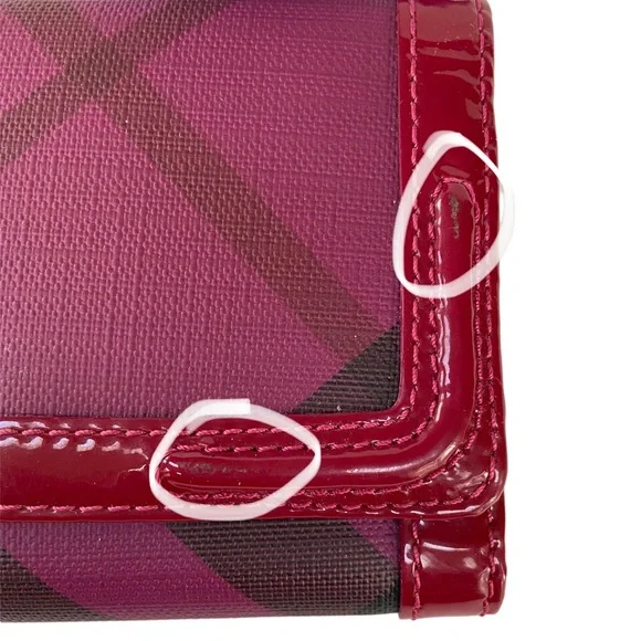 Burberry Nova Plaid Patent Leather Trim Bifold Wallet Magenta and Black